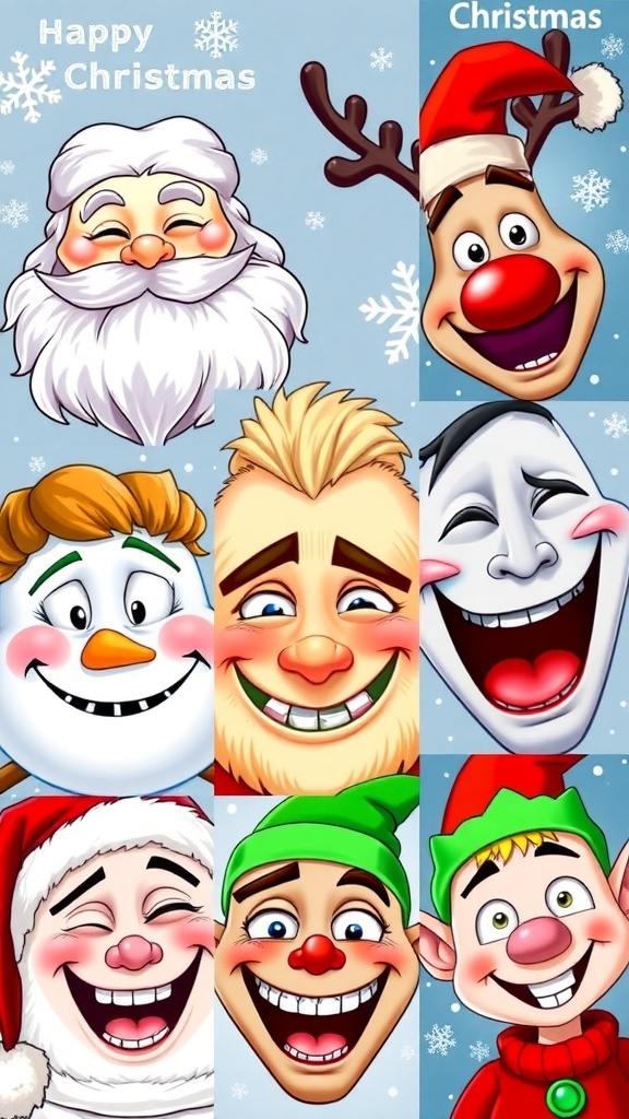 A collection of humorous Christmas meme faces featuring Santa, reindeer, snowman, and elf, set against a festive background.